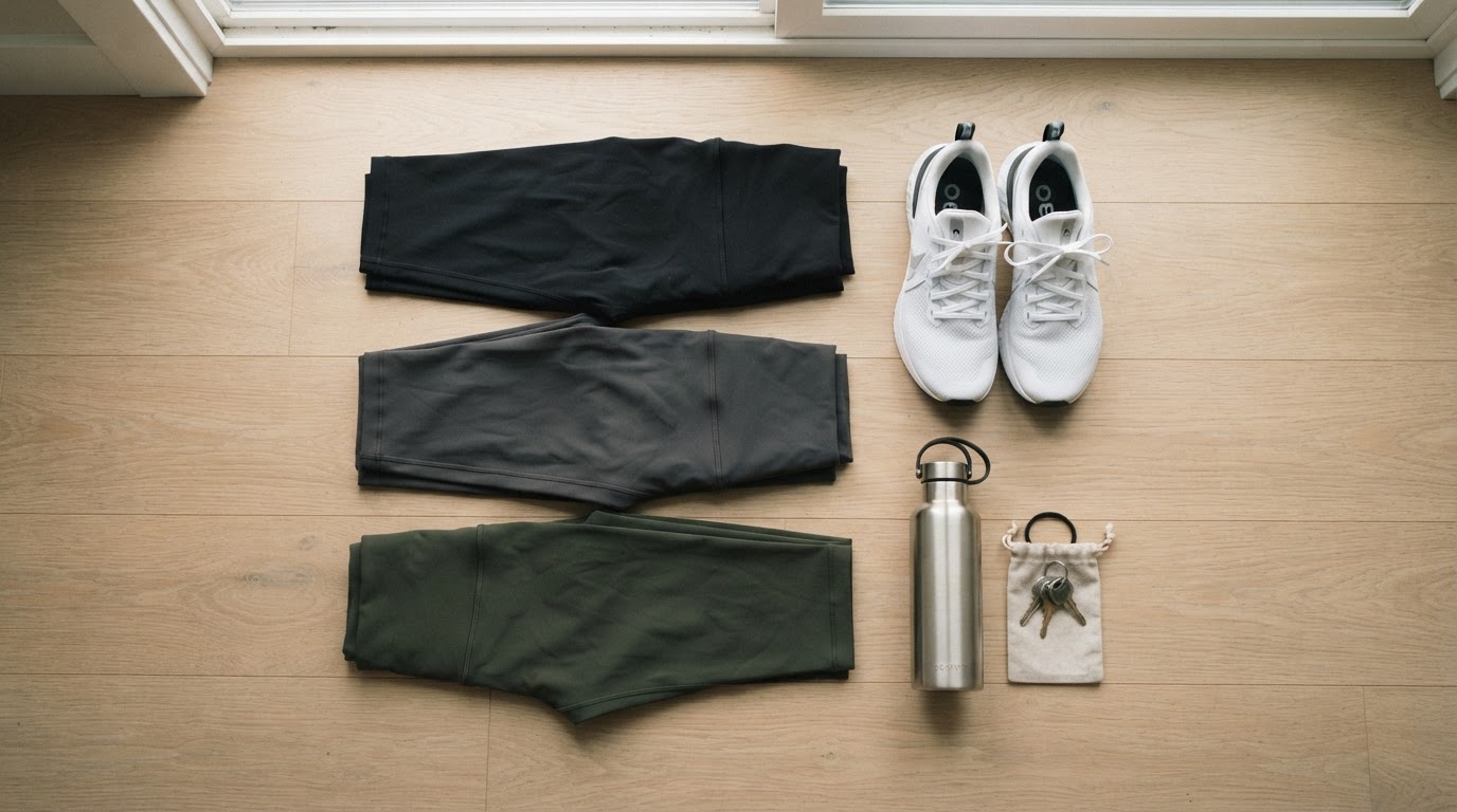 Three folded pairs of women's leggings in black, charcoal, and olive green next to sneakers and a water bottle