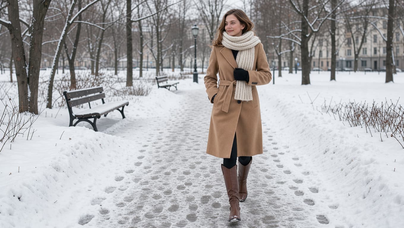 Woman in black winter leggings, tall boots, and a camel coat walking through a snowy park