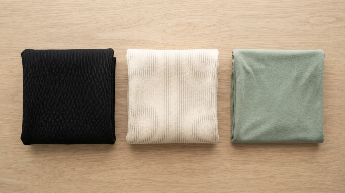 Close-up of ponte knit, ribbed knit, and thin jersey fabric swatches used for bodycon dresses.