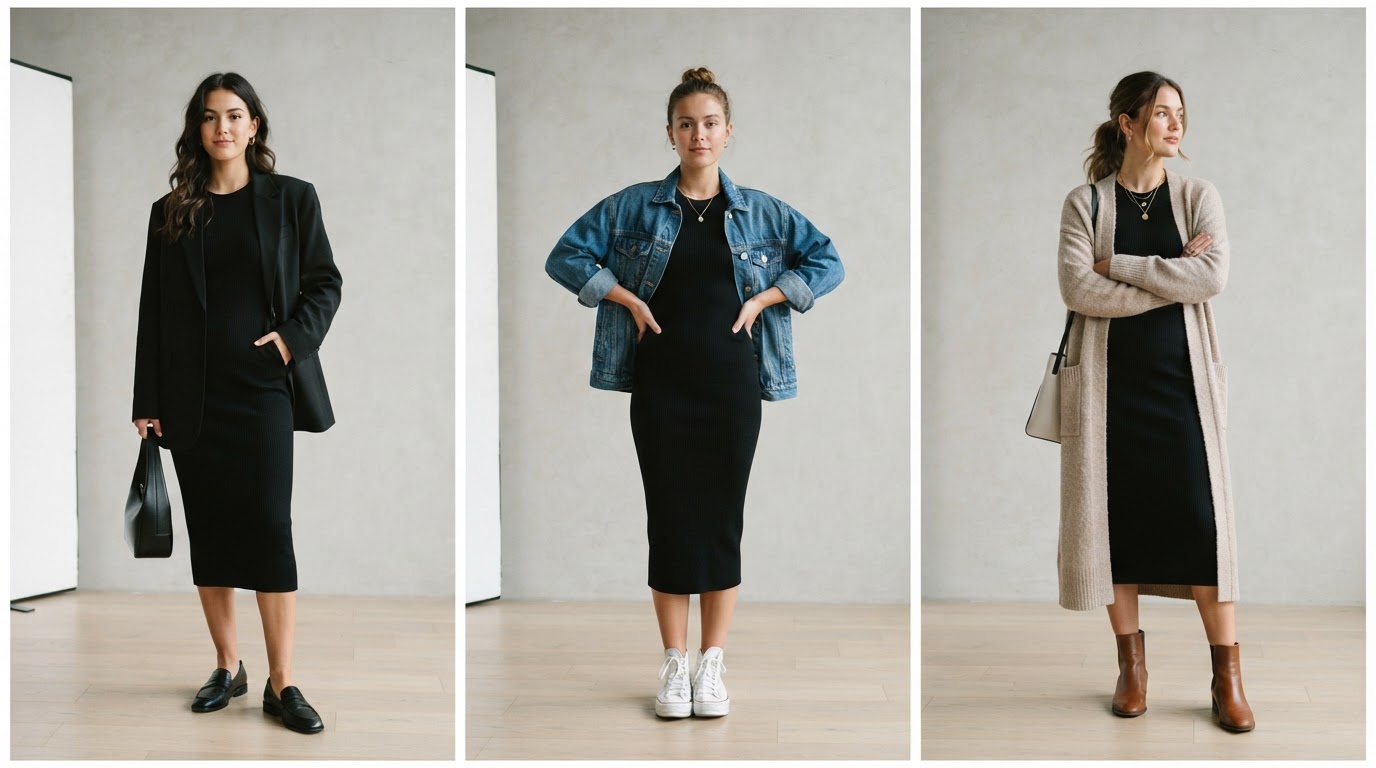 Three ways to layer a bodycon dress: with an oversized blazer, a denim jacket, and a long cardigan.