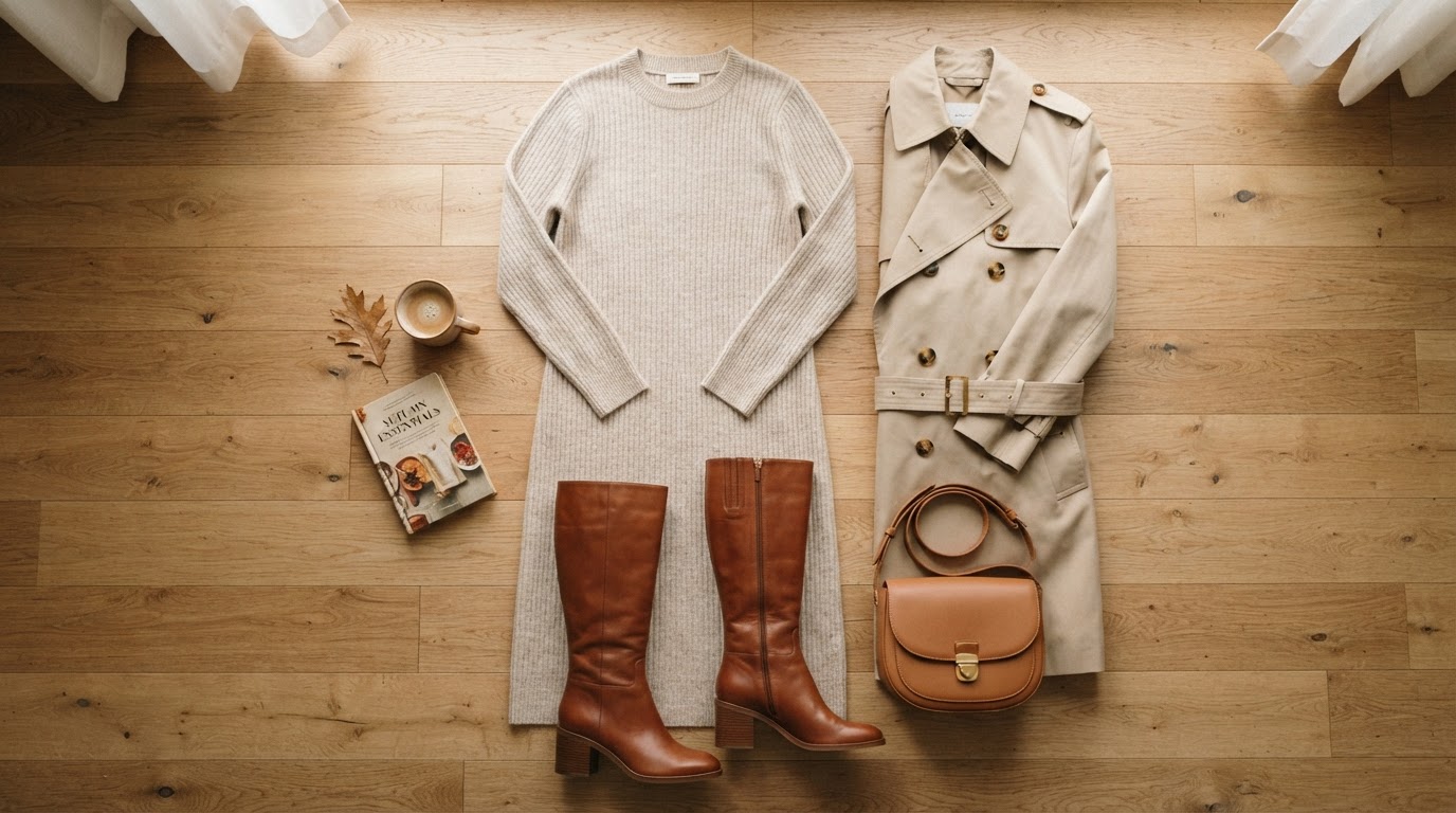Fall outfit flat lay with a knit midi dress, trench coat, knee-high boots, and a leather bag.