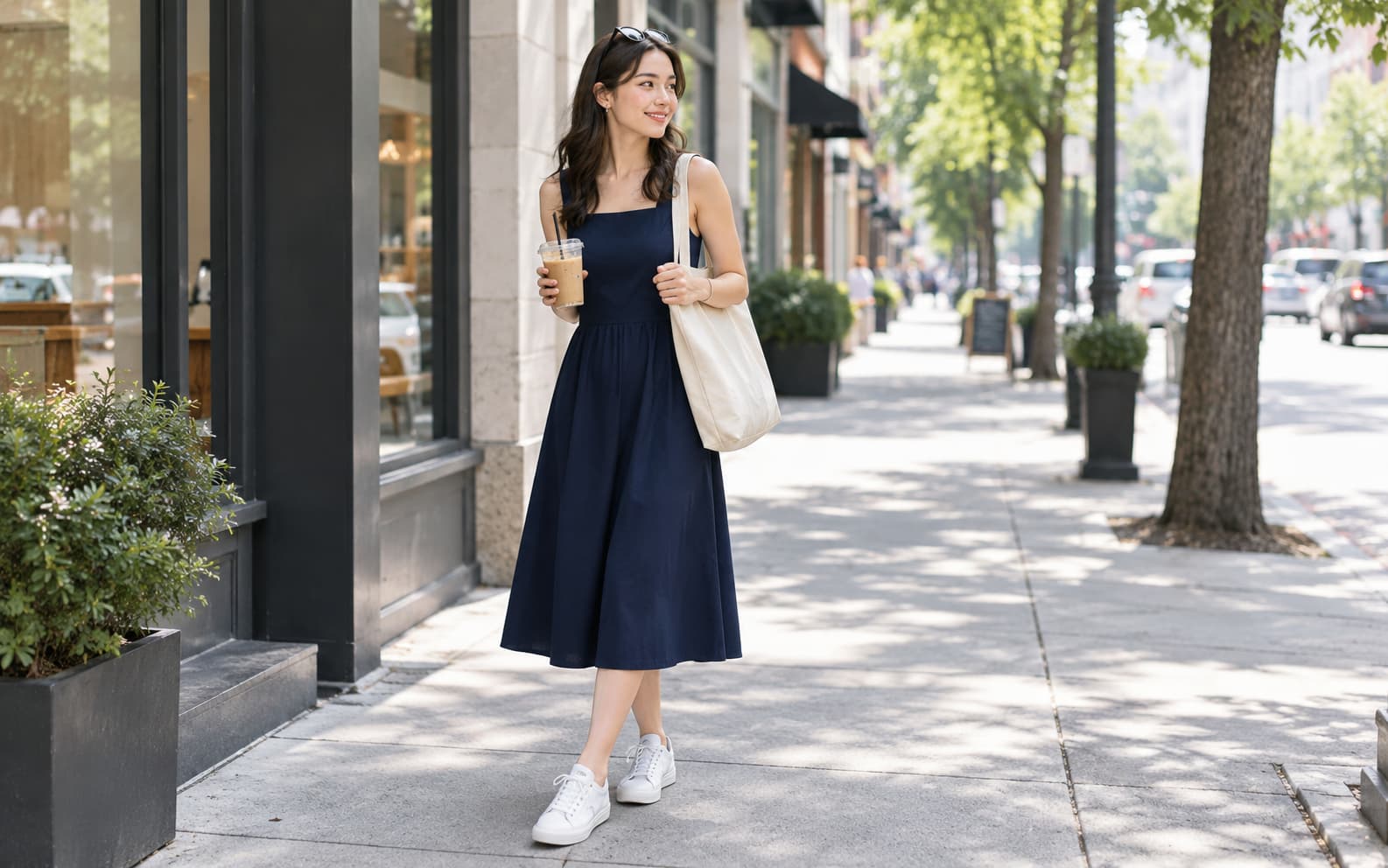 Woman in a navy midi dress and white sneakers holding a tote bag and an iced coffee on a city sidewalk.