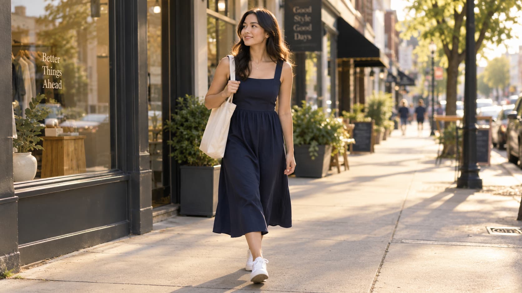 Woman in a navy midi dress and white sneakers walking down a sunny city street with a tote bag.
