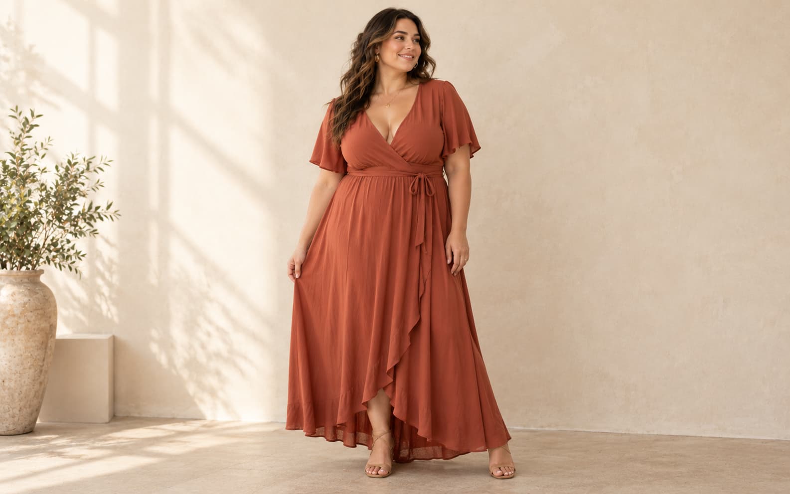 Curvy woman in a terracotta wrap-style maxi dress with a thin belt and strappy sandals.