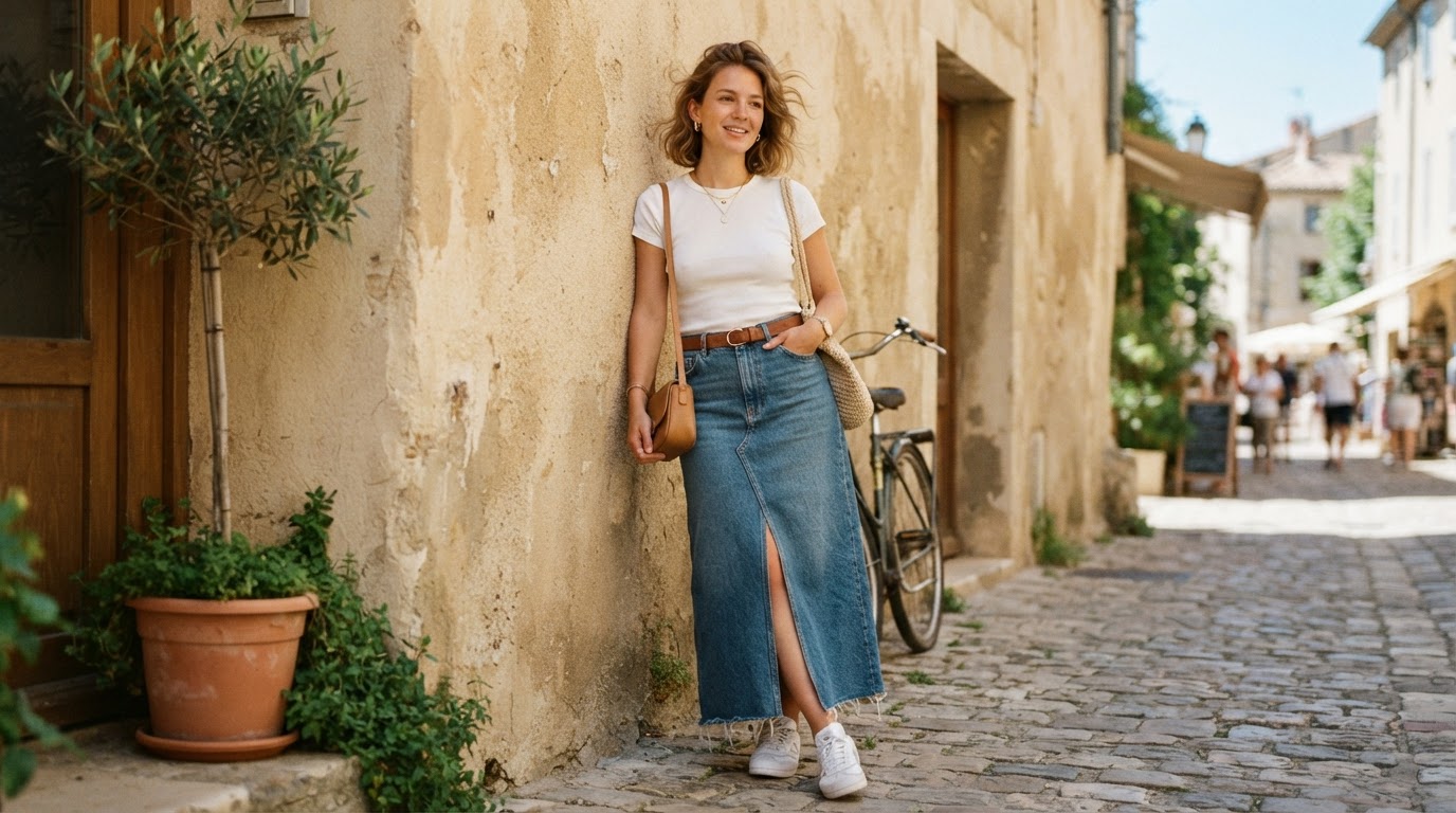 Woman in a long denim maxi skirt with a fitted baby tee, a thin belt, and chunky sneakers.