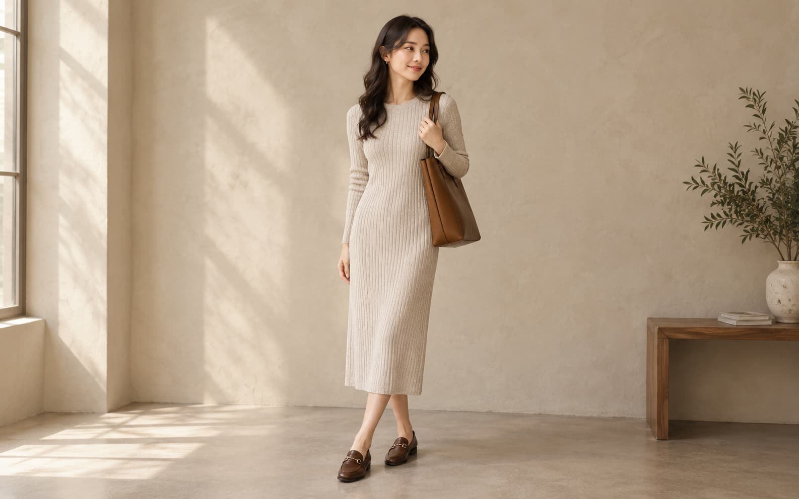 Woman wearing a ribbed oatmeal knit midi dress with loafers and a leather tote bag.