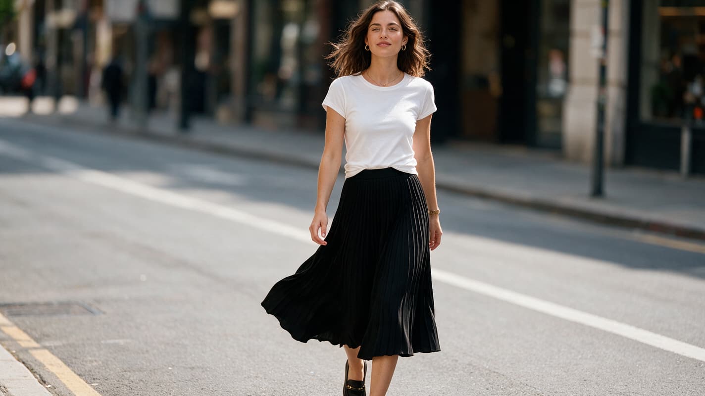 Woman in a long black pleated skirt and a tucked-in white tee walking down a city street.