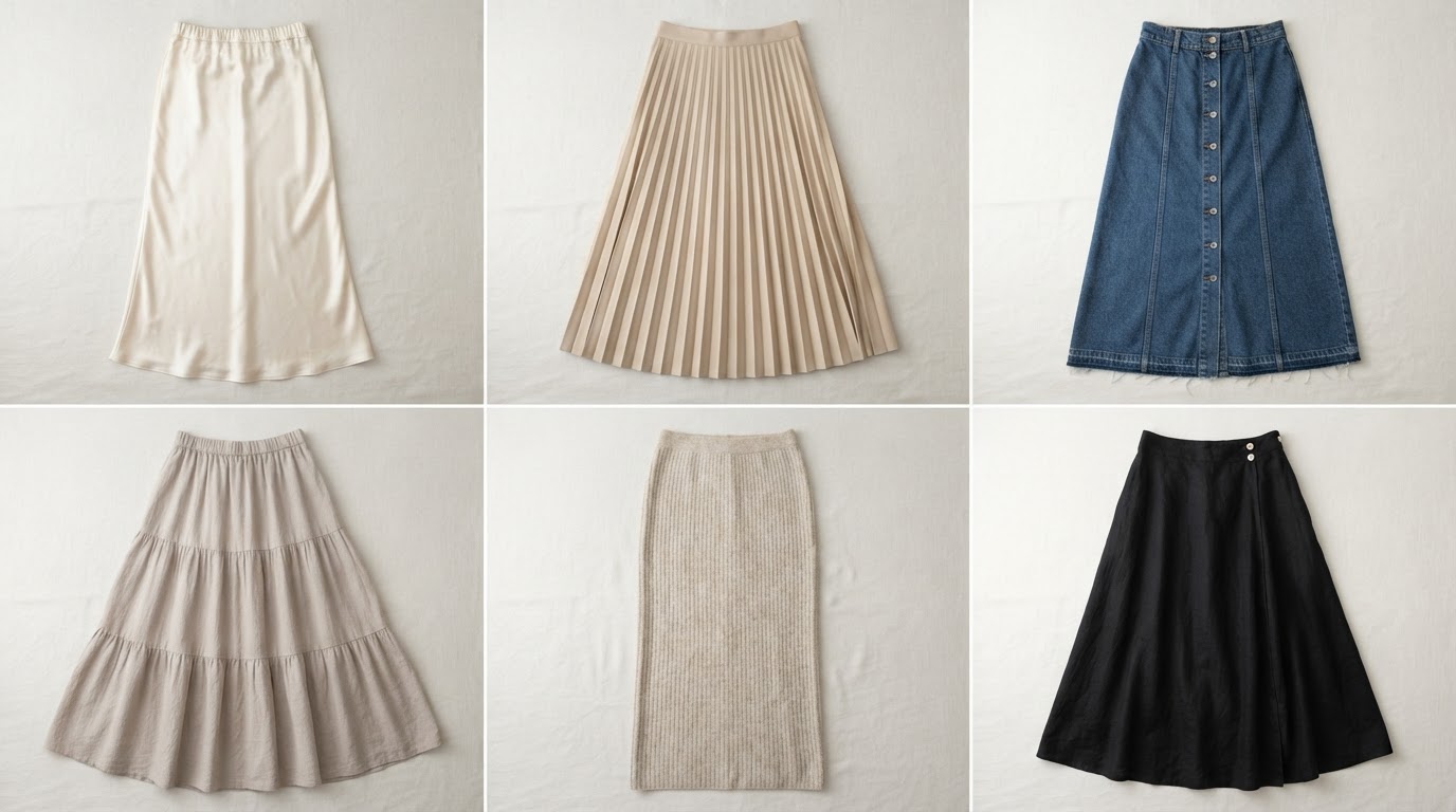 Flat lay of six long skirt types: satin, pleated, denim, tiered, knit, and linen.