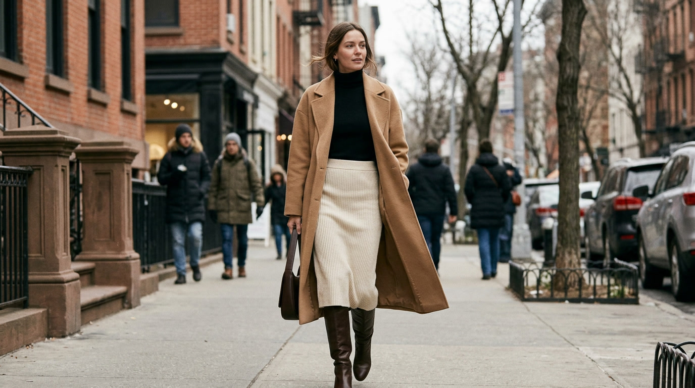 Woman in a knit midi skirt, turtleneck, long camel coat, and tall boots on a winter city street.