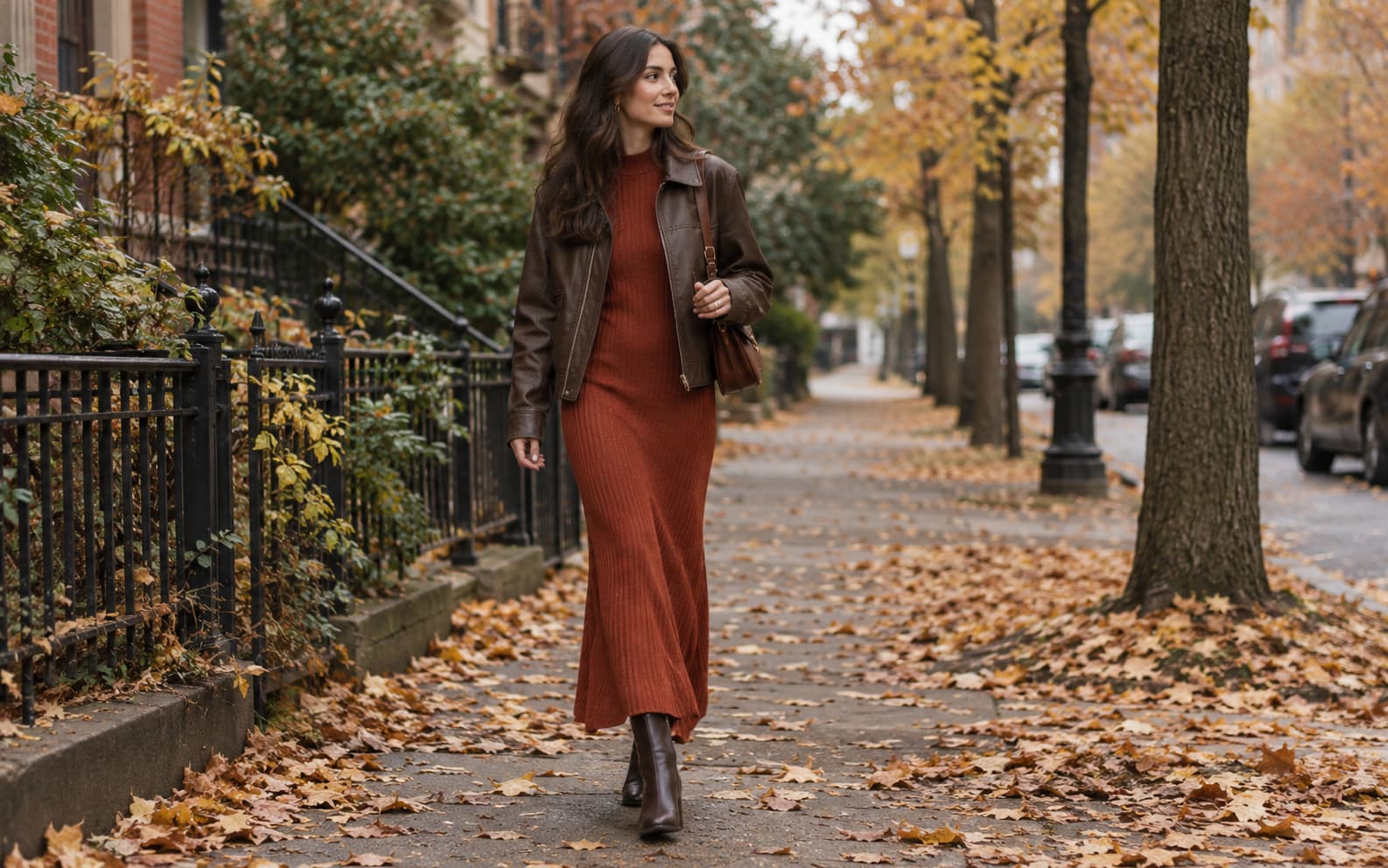 Woman in a rust knit maxi dress with a leather jacket and ankle boots on an autumn street.