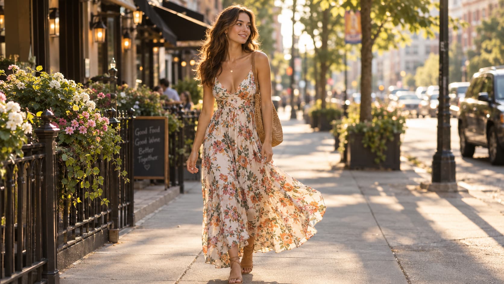 Woman in a flowy floral maxi dress and strappy sandals walking down a sunny city street.