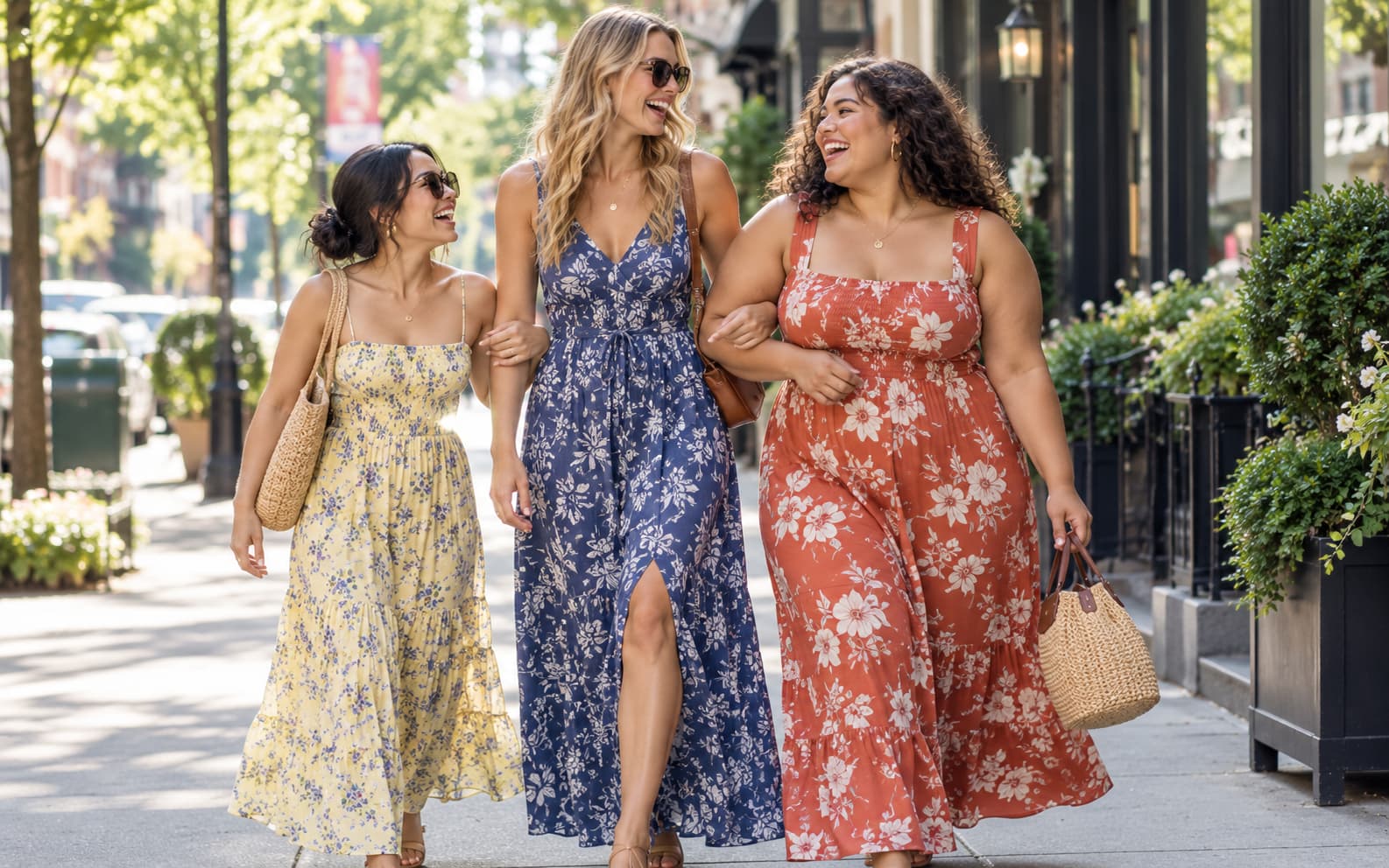Three friends of different heights and body shapes in different maxi dresses laughing on a city sidewalk.