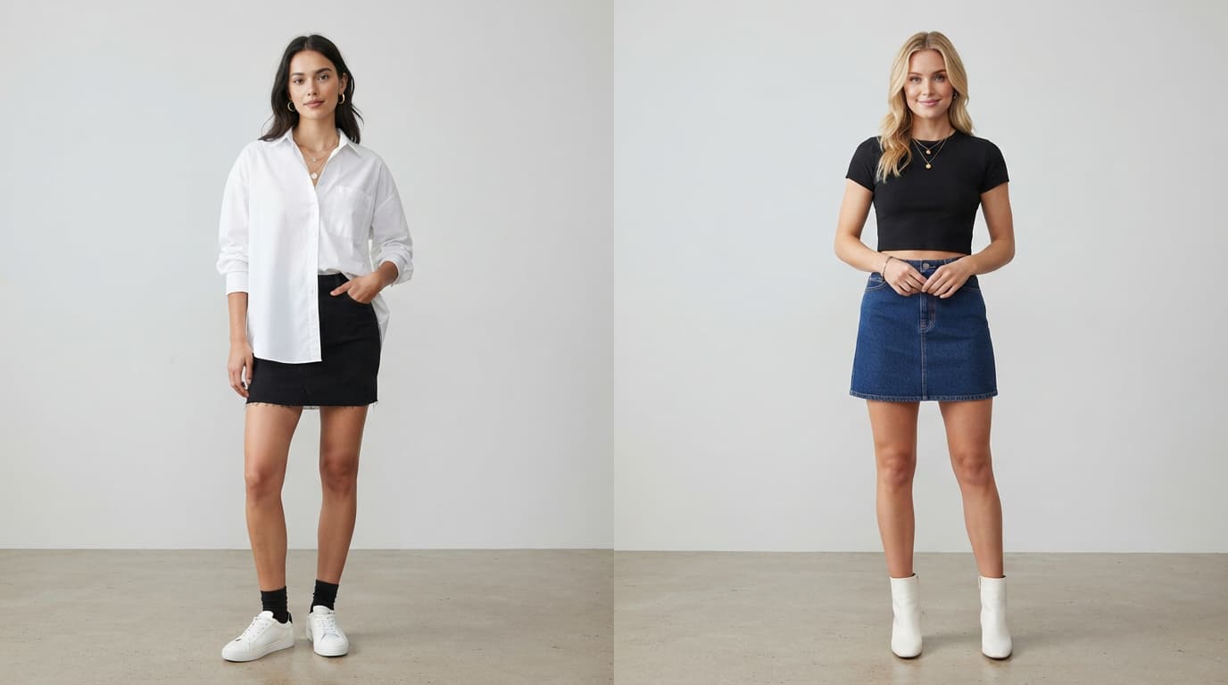 Two mini skirt outfits side by side: a fitted mini with an oversized shirt and an A-line mini with a fitted tee.