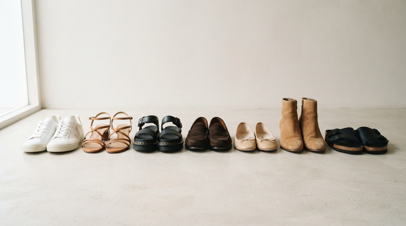 Row of shoes that go with a white skirt, including sneakers, sandals, loafers, flats, boots, and slides.