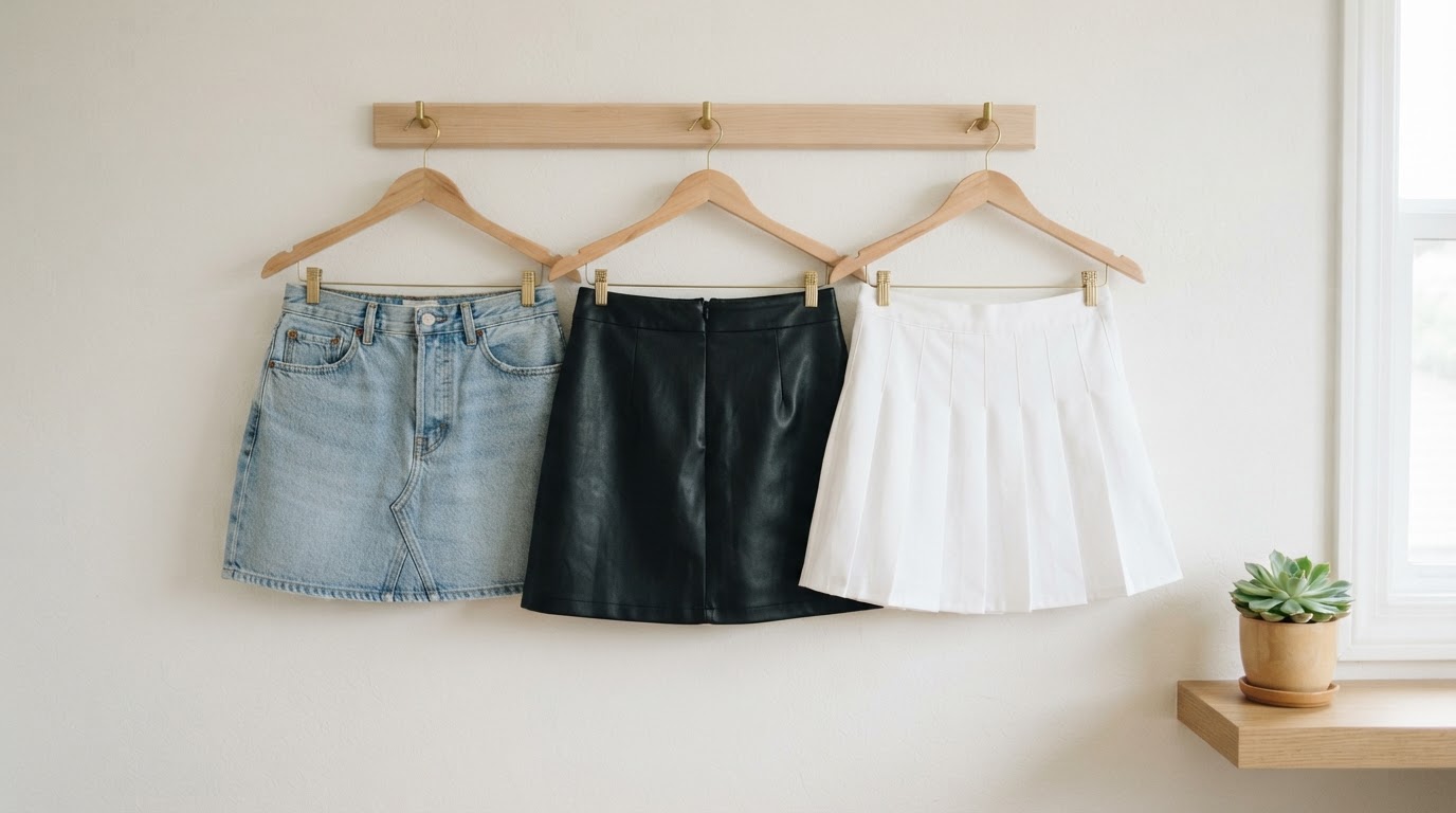Denim, faux leather, and pleated tennis mini skirts hanging side by side on wooden hangers