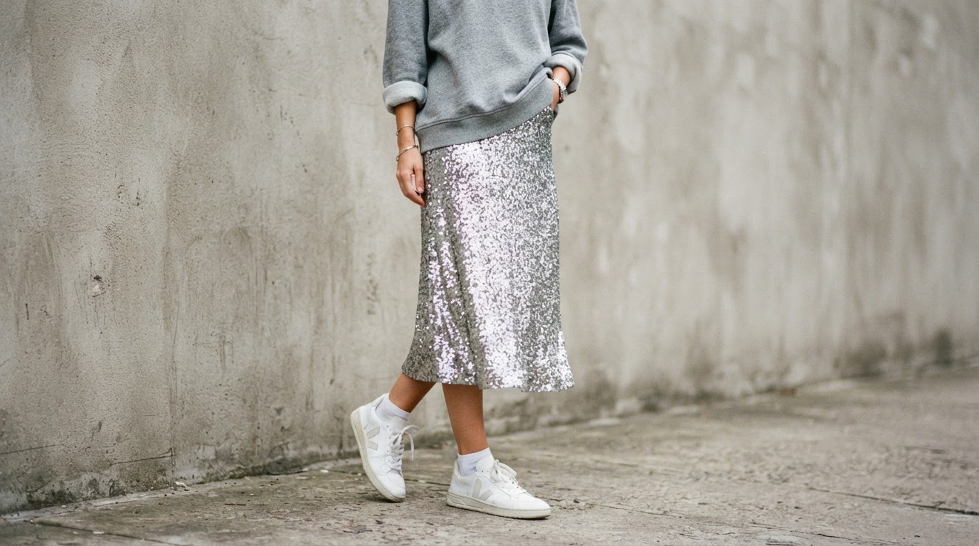 Silver sequin midi skirt styled with a gray sweatshirt and white sneakers for a casual look