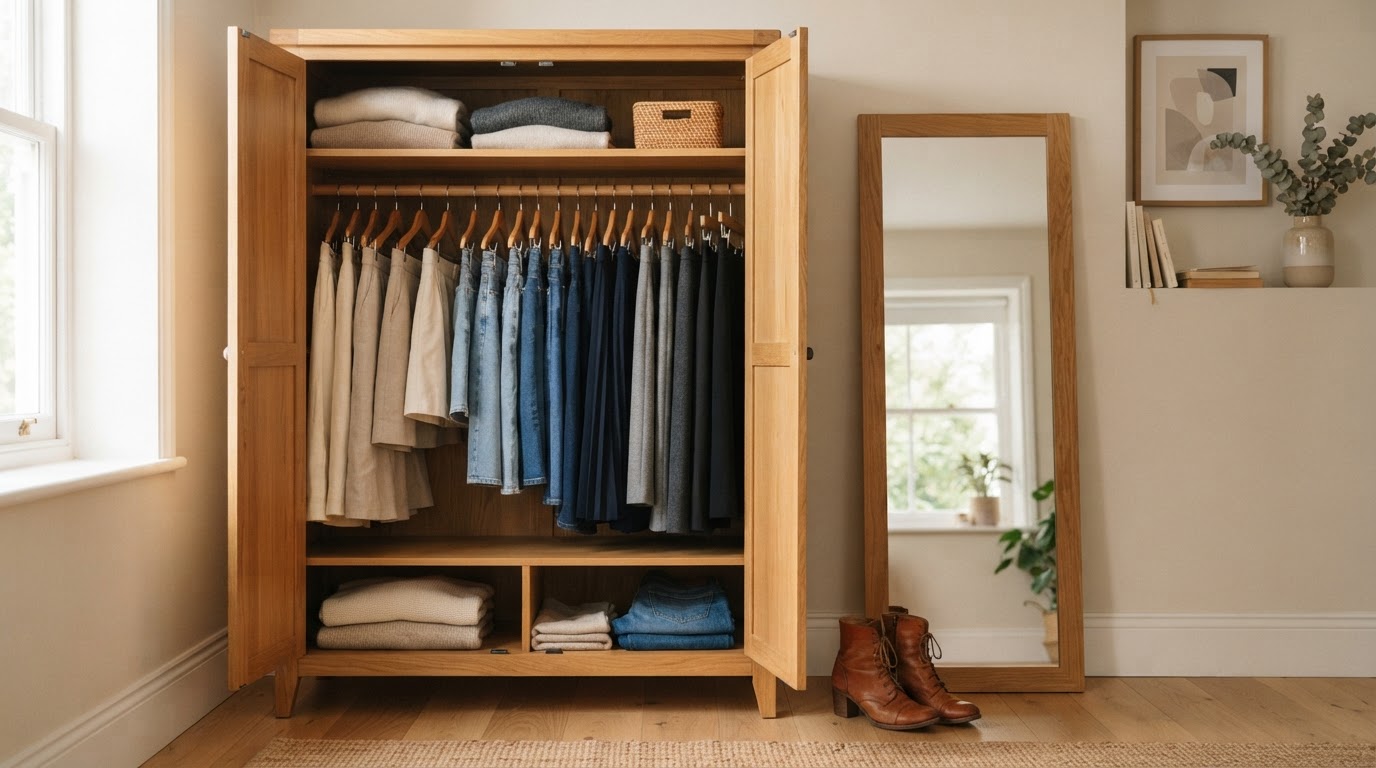 Open wardrobe with skirts arranged by color beside a full-length mirror