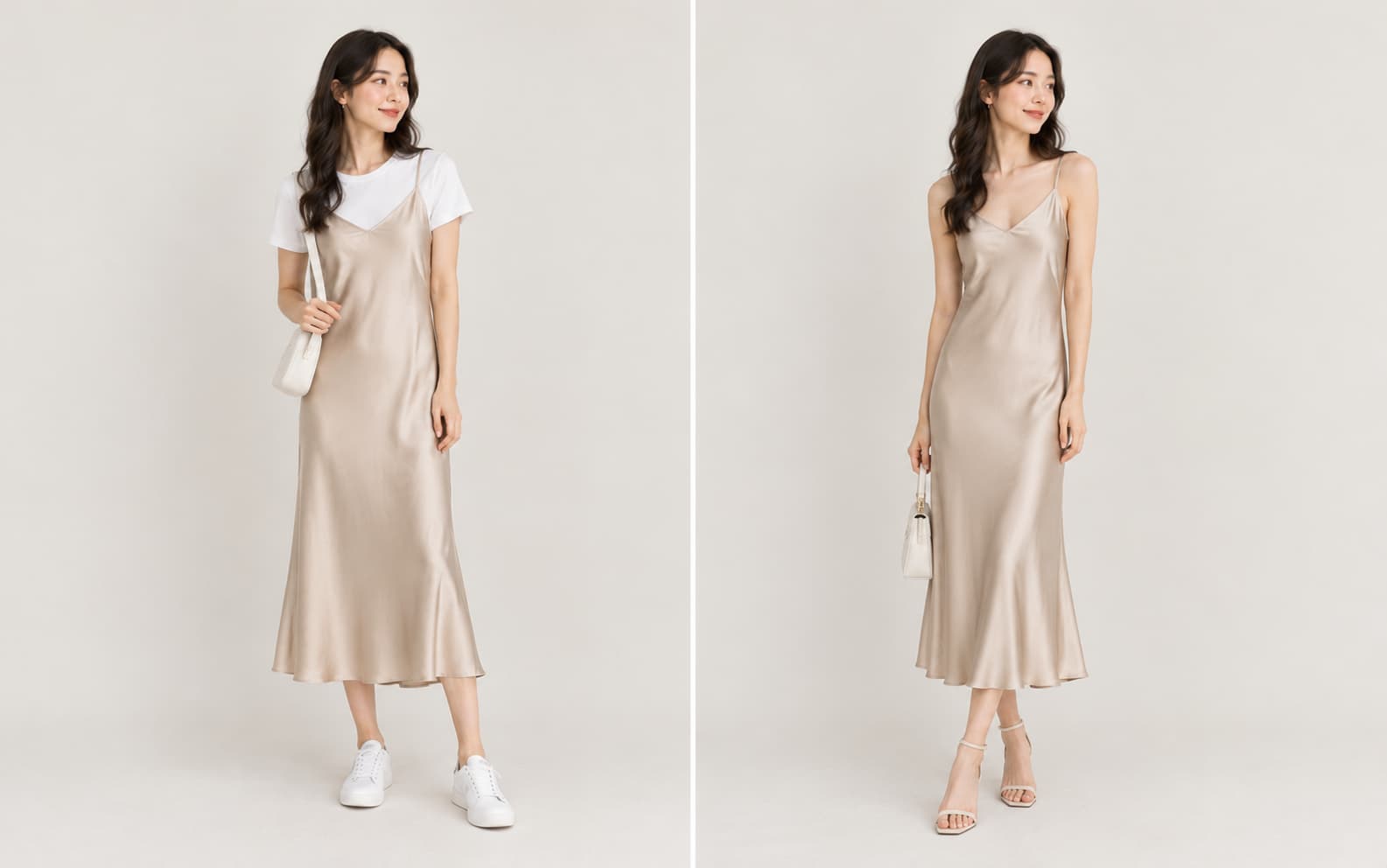 Satin slip dress worn over a white tee for day, and worn alone with heels for dinner.