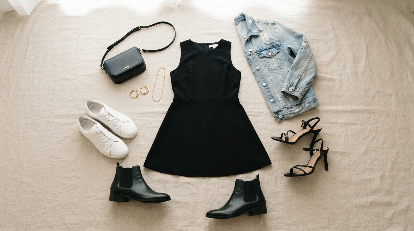 Flat lay of a black mini dress with sneakers, boots, heels, jacket, and accessories for styling