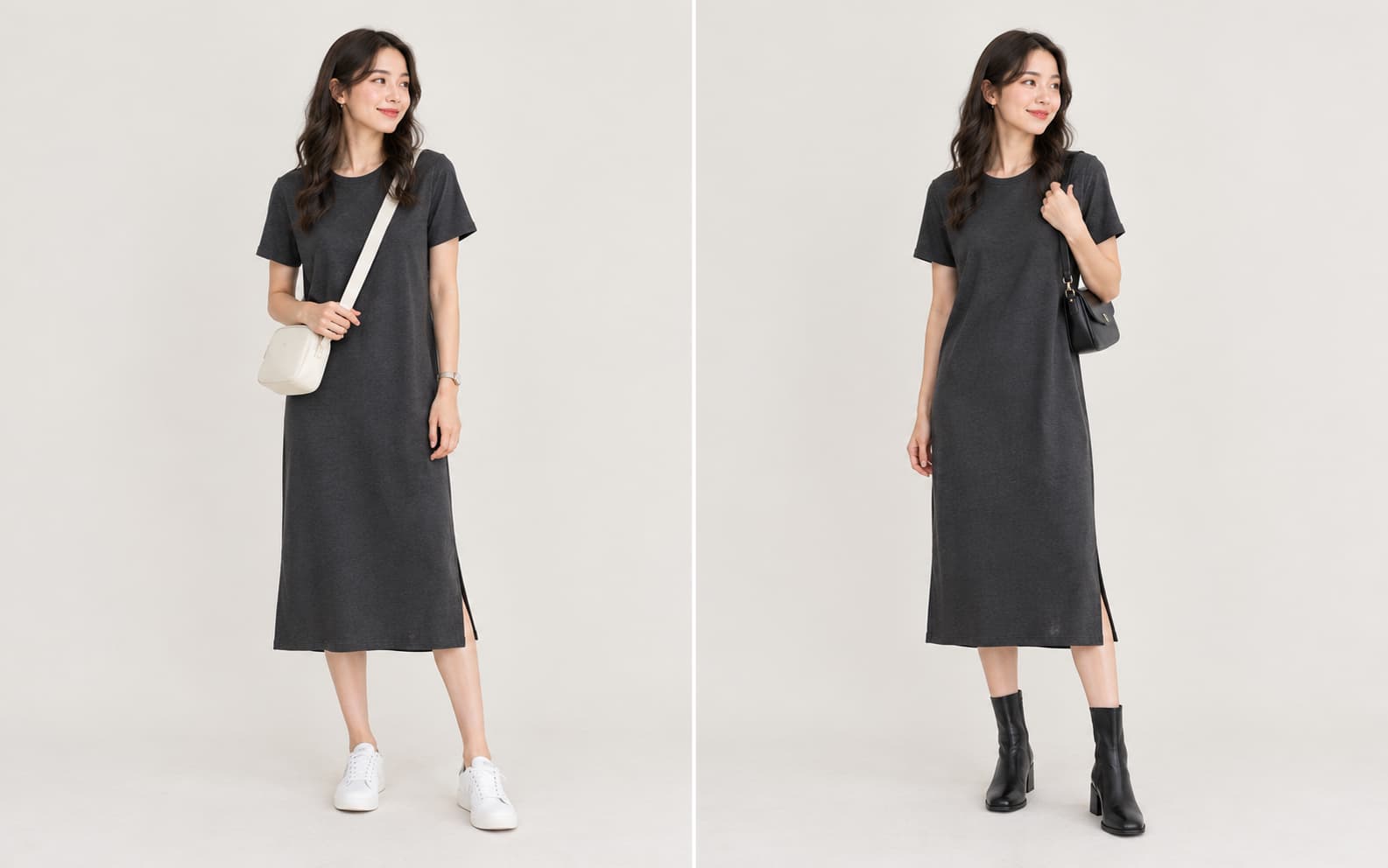 Charcoal T-shirt dress styled two ways, with white sneakers for day and ankle boots for night.