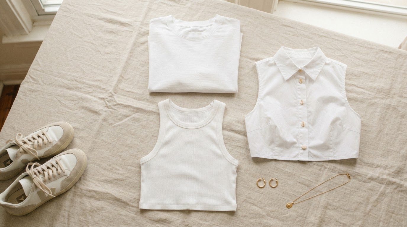 Three different white crop tops laid flat on a beige linen background with gold earrings