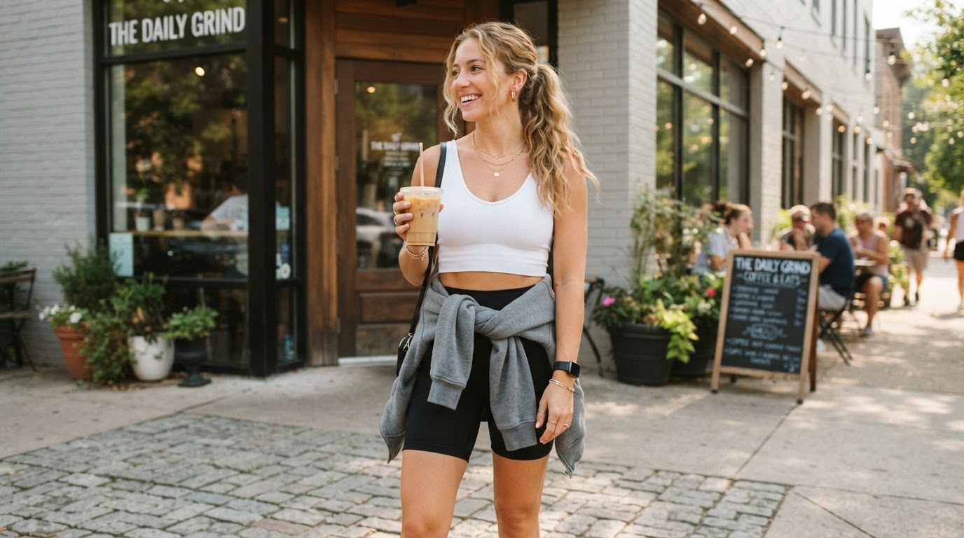 Woman in white sporty crop top outfit with bike shorts and oversized hoodie holding iced coffee