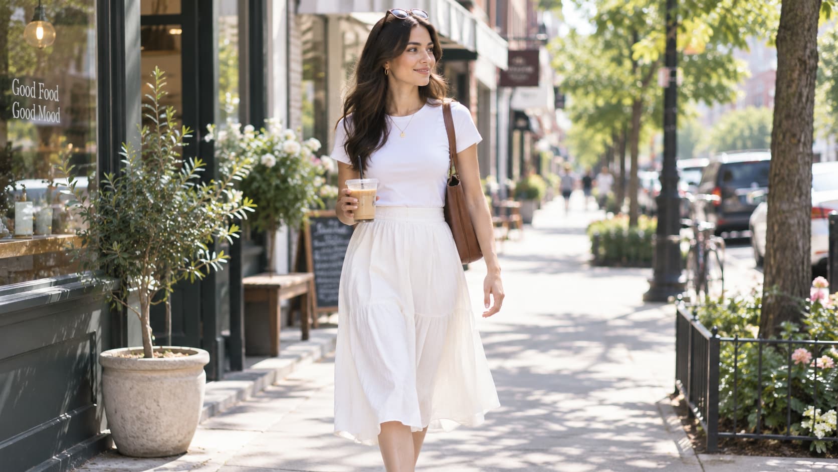 Woman in a white midi skirt and tucked-in tee walking down a sunny city street with an iced coffee.