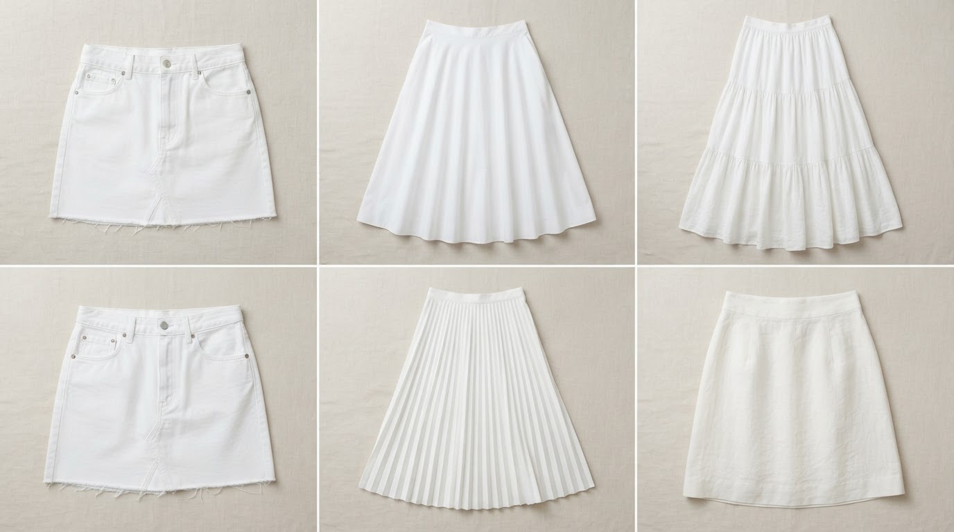 Flat lay of six white skirt styles: mini, midi, maxi, denim, pleated, and linen.