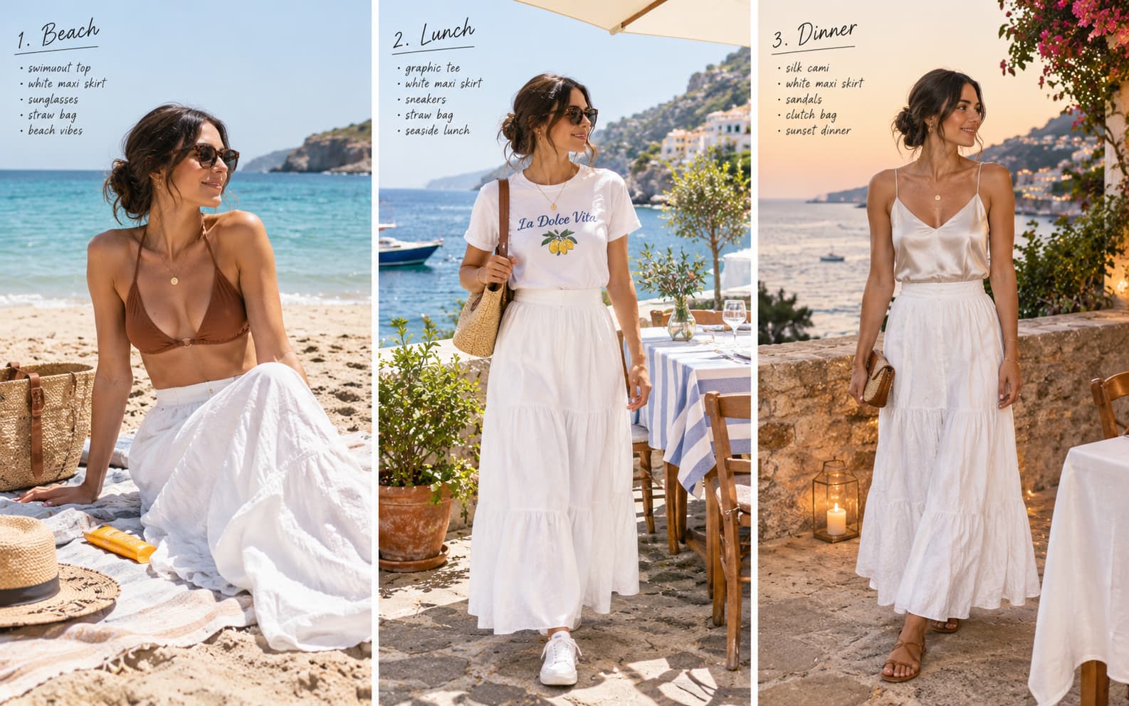 Three vacation outfits using one white maxi skirt, for the beach, lunch, and dinner.