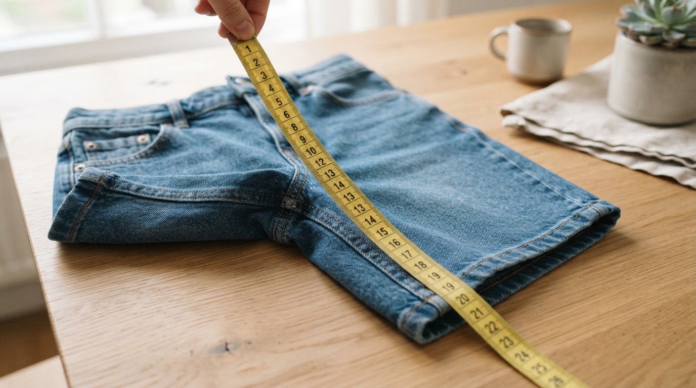 Measuring tape along the inseam of folded denim shorts to show how to measure shorts length