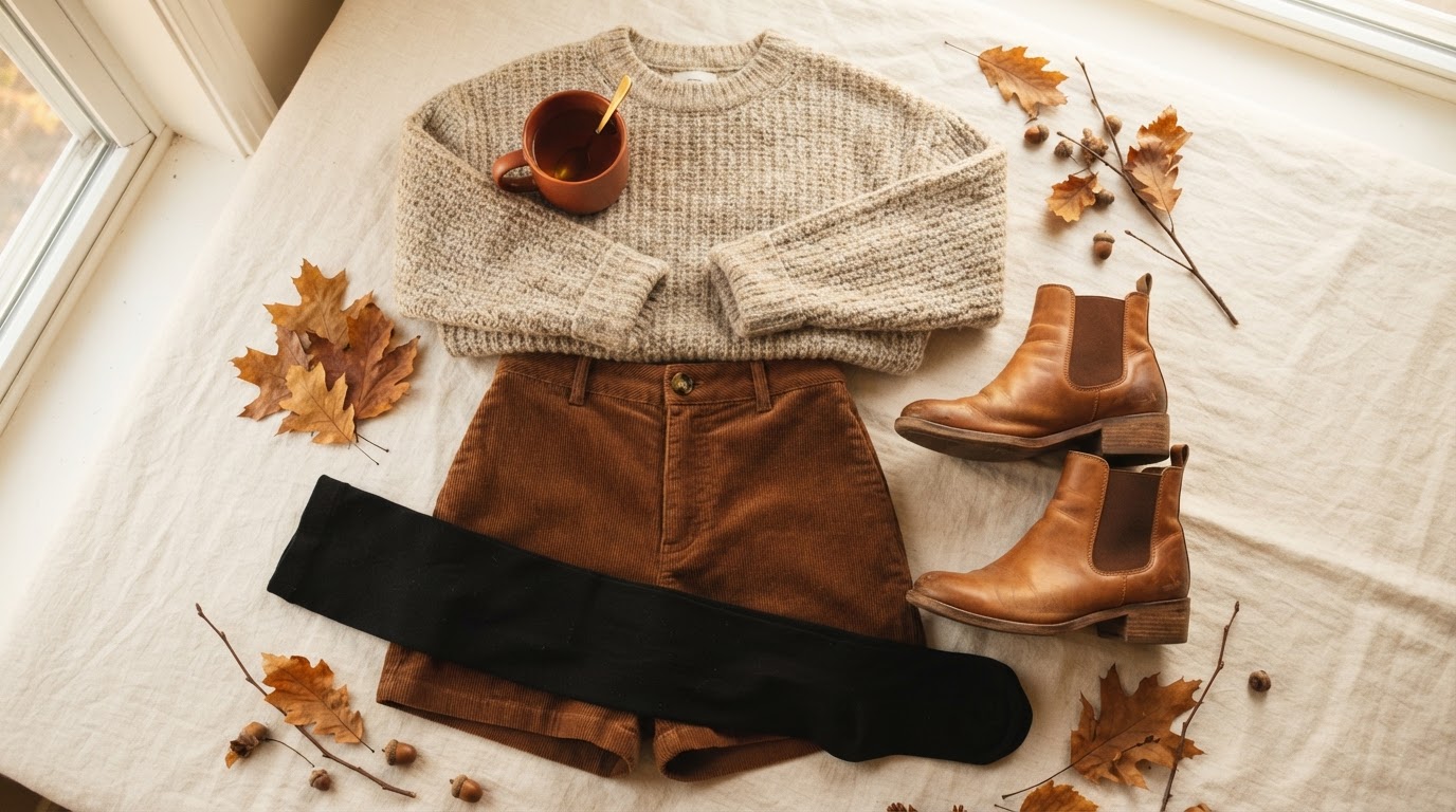 Fall outfit flat lay with corduroy shorts, black tights, ankle boots, and a chunky knit sweater